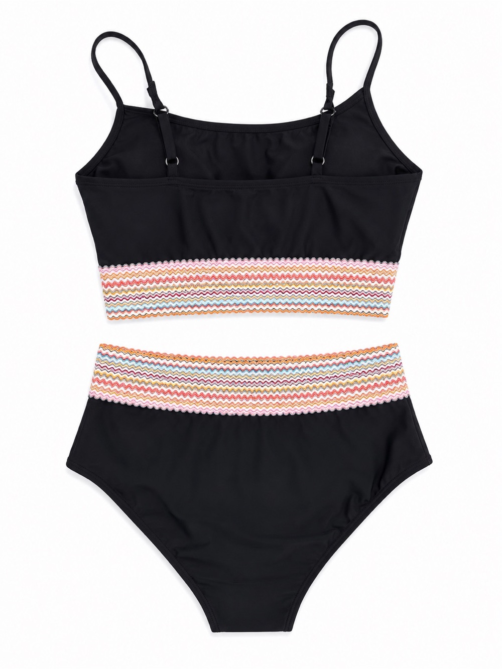 Black High-Waist Bikini Set with Multicolor Trim - Picture 2 of 2